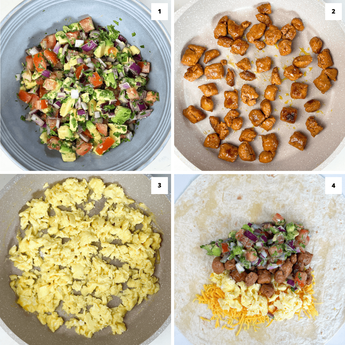 Steps needed to make the Easy Scrambled Egg and Sausage Wrap recipe. 1. mix the uncooked ingredients in a bowl. 2. Cook sausages. 3. Melt cheddar cheese. 4. spread all ingredients on wrap and yum!