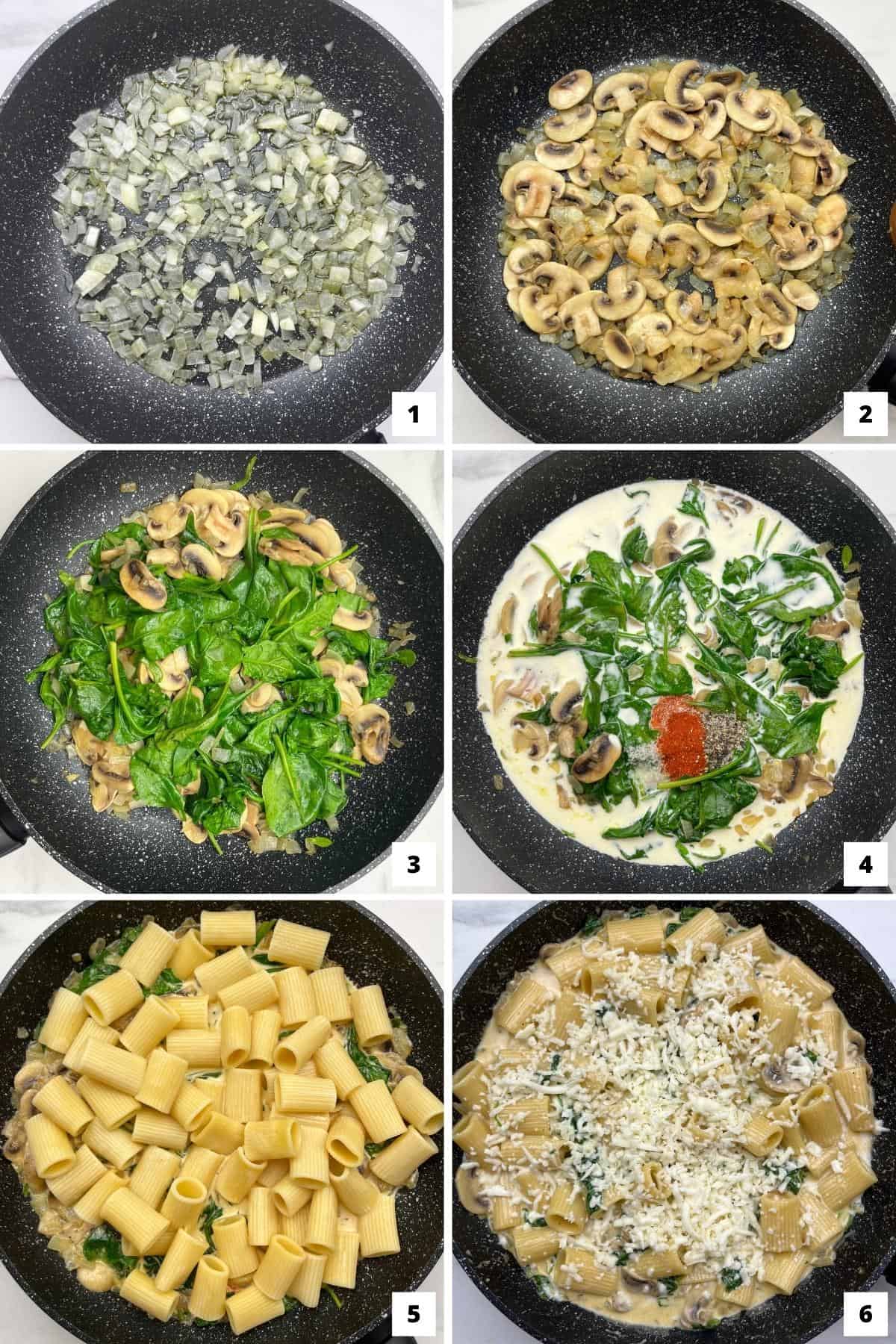 Photo collage with the six steps to make the recipe. 1. Sauté the onions. 2. Sauté the mushrooms. 3. Add spinach. 4. Create the creamy sauce with the cream and the seasoning. 5. Combine pasta and sauce. 6. Incorporate cheese.